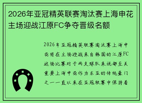 2026年亚冠精英联赛淘汰赛上海申花主场迎战江原FC争夺晋级名额